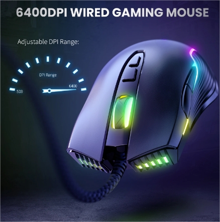 ONIKUMA Wired Gaming Mouse 6 Levels Adjustable 6400 DPI 7 Programmable Buttons 7 RGB Lighting Modes Ergonomic Mice for PC Gamer
