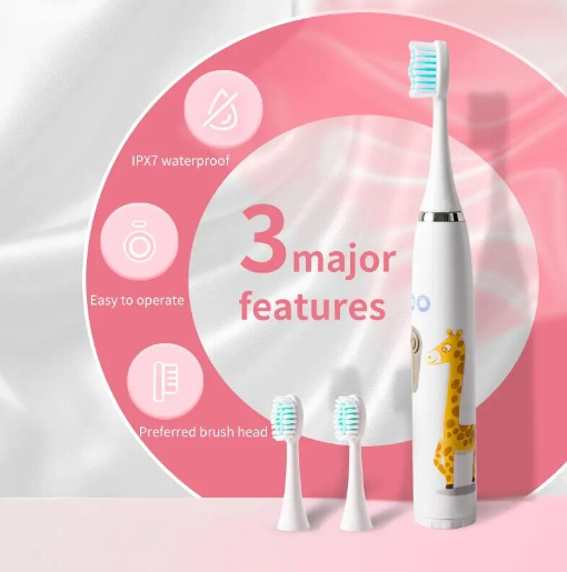 Children's Electric Toothbrush Colorful Cartoon With Replacement Heads Ultrasonic Rechargeable Soft Hair Cleaning Brush for Kids